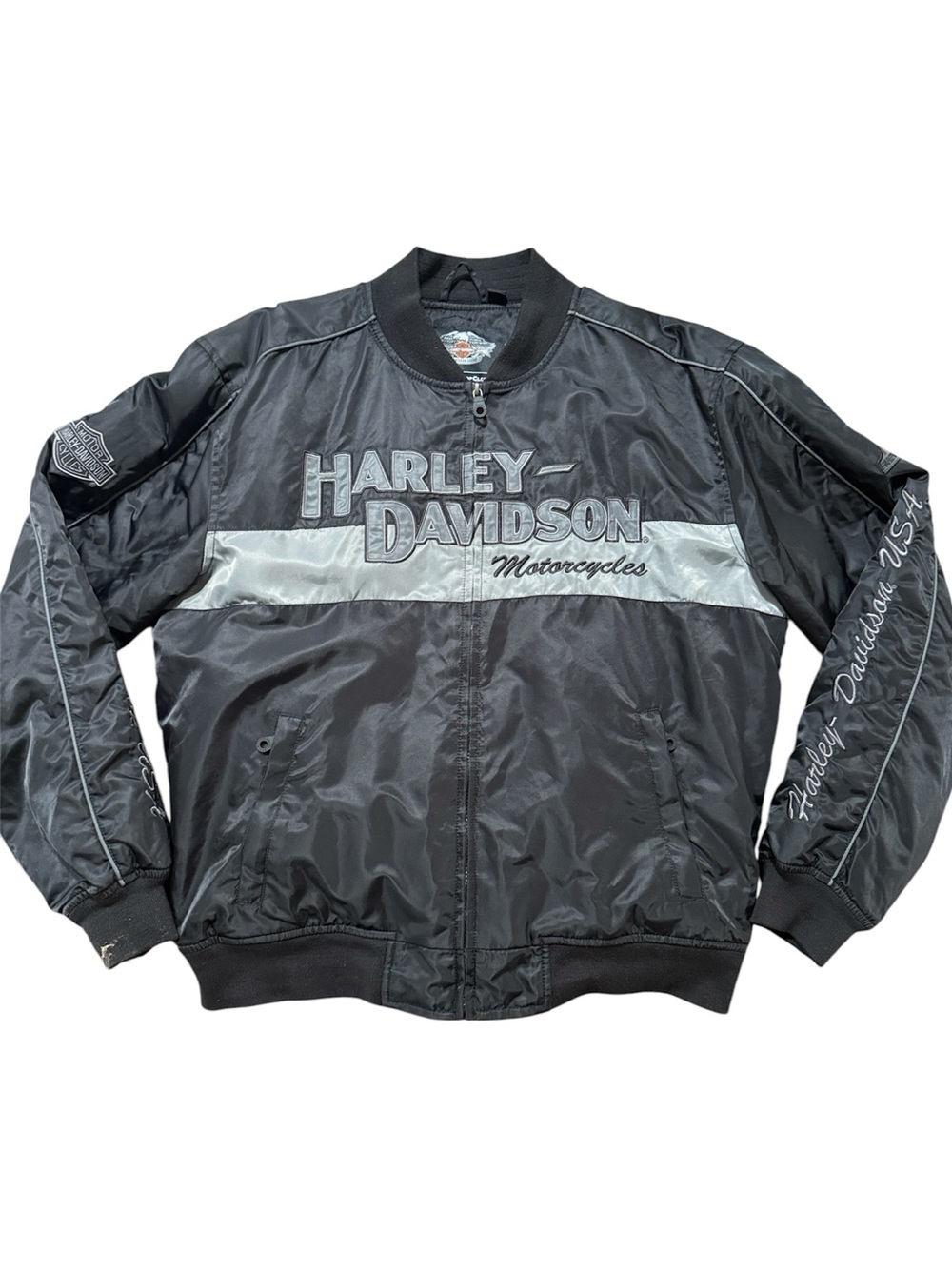 Harley-Davidson Black Jacket with Silver Stripe & Logos Mens Large